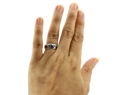Navajo Chip Inlay Ring 925 Silver Sleeping Beauty Turquoise & Coral Silver Cloud