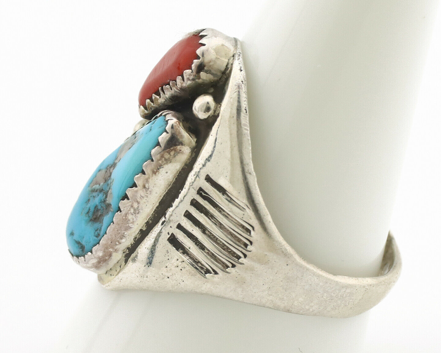 Zuni Ring .925 Silver Natural Turquoise & Coral Native American Artist C.1980's