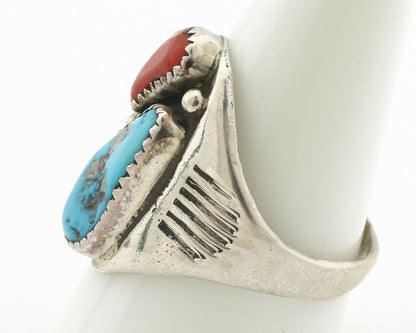 Zuni Ring .925 Silver Natural Turquoise & Coral Native American Artist C.1980's