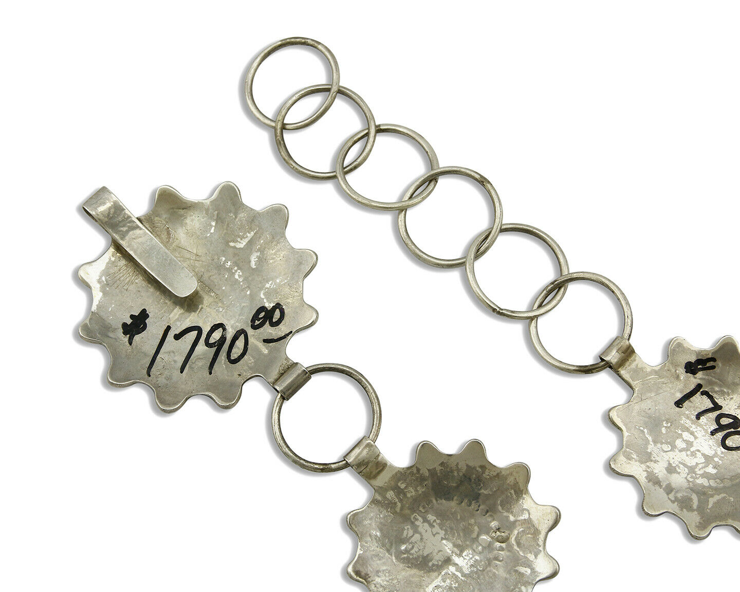 Navajo Concho Belt .925 Silver Handmade Hand Stamped Tiwa Sun C.80's