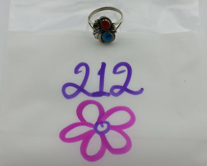 Navajo Ring .925 Silver Morenci Turquoise & Coral Native Artist Signed JM C.80's
