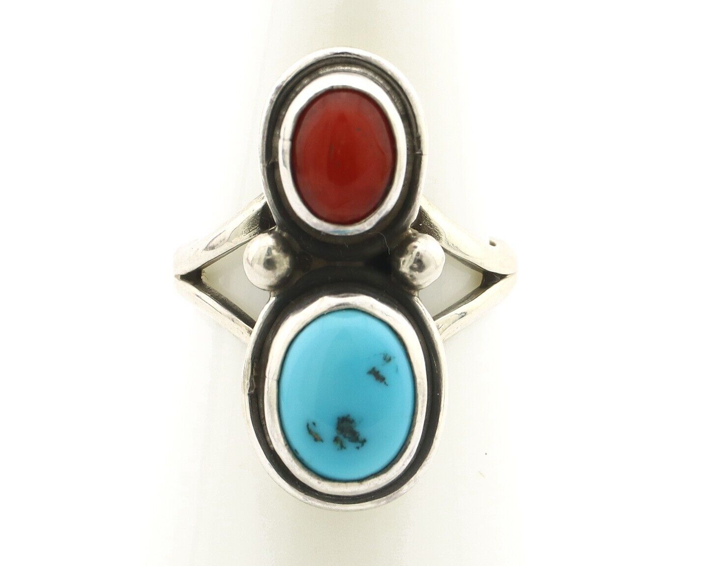 Navajo Inlay Band Ring 925 Silver Turquoise & Coral Native Artist C.80's