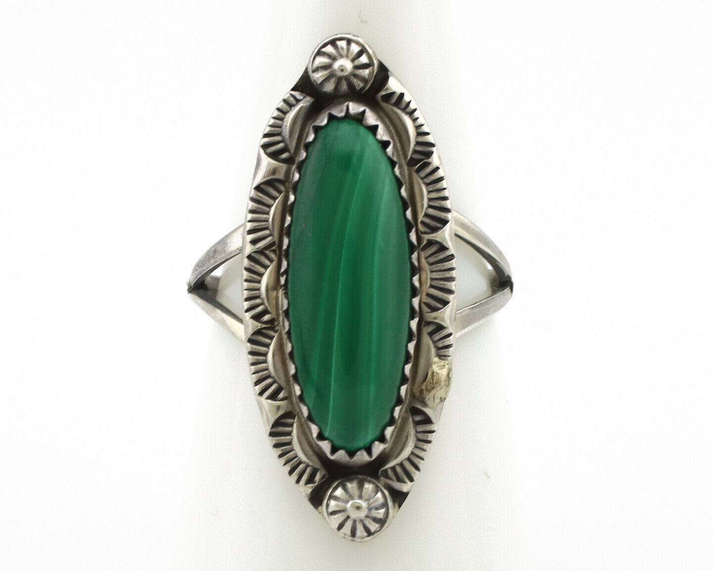 Navajo Ring 925 Silver Natural Malachite Artist Native American Signed H C.80's