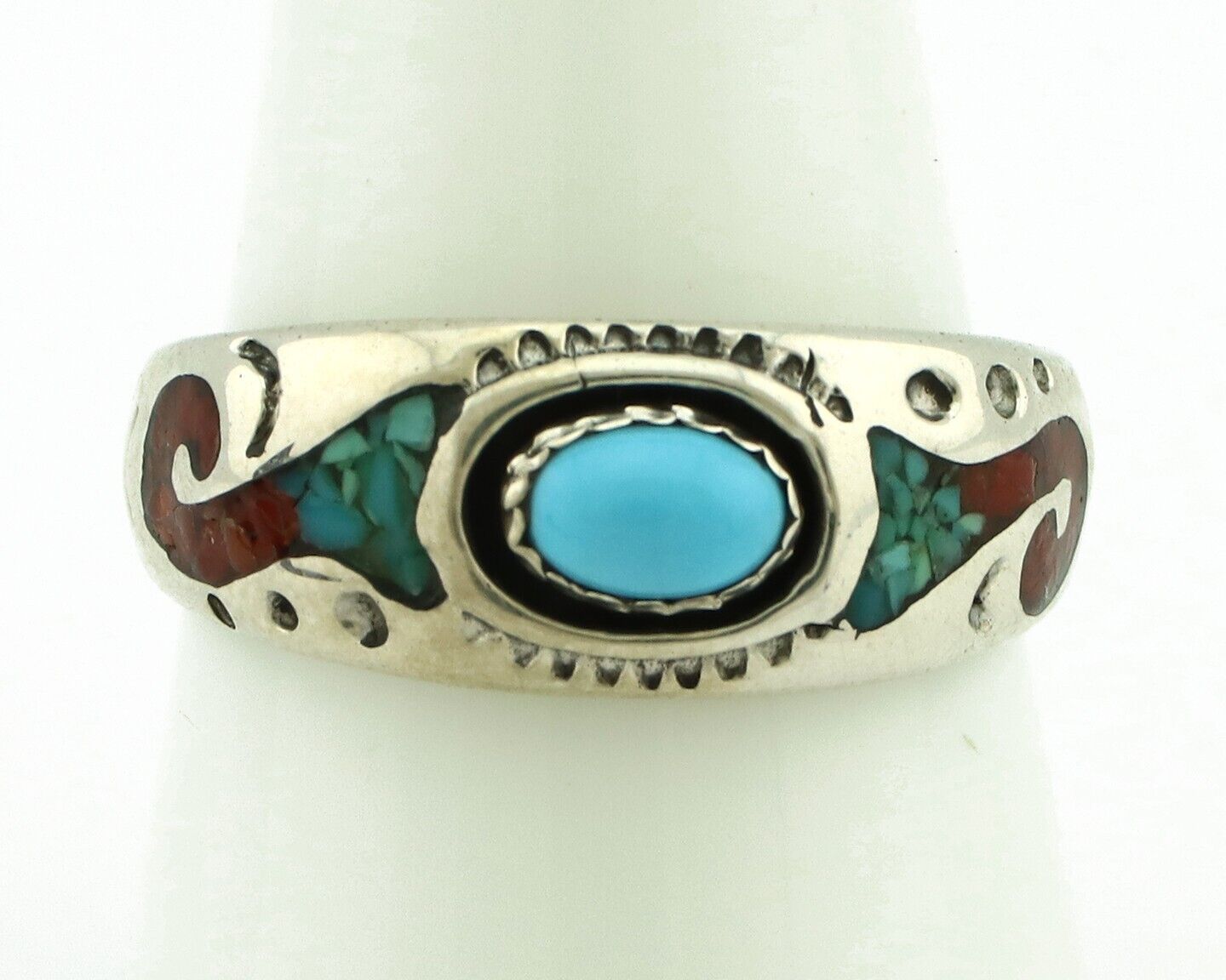 Navajo Handmade Ring 925 Silver Blue Turquoise & Coral Native American C.80's