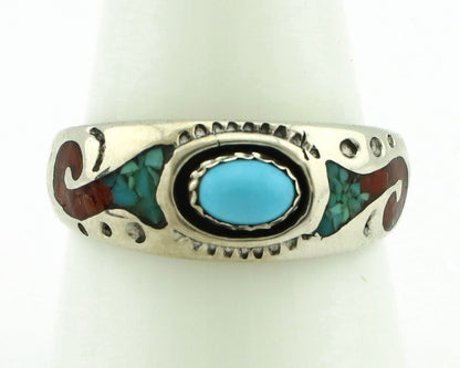 Navajo Handmade Ring 925 Silver Blue Turquoise & Coral Native American C.80's