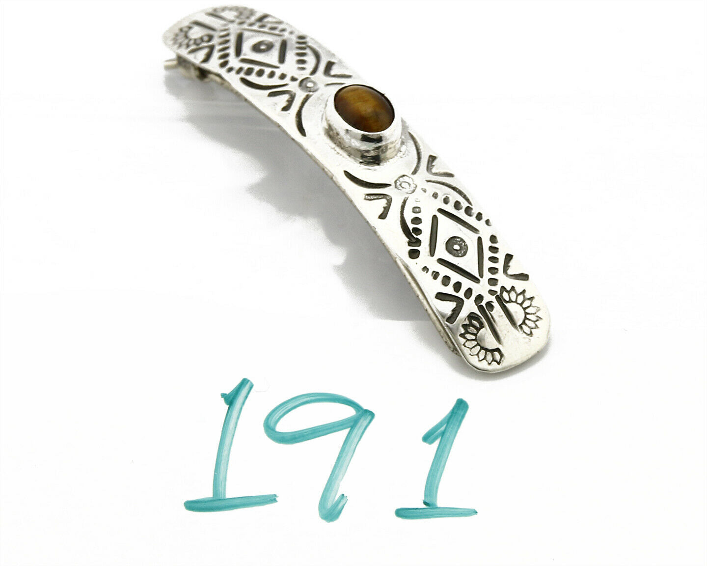 Navajo Tigers Eye .925 SOLID SILVER Hand Stamped 12mm Wide Barrette Hair Clip