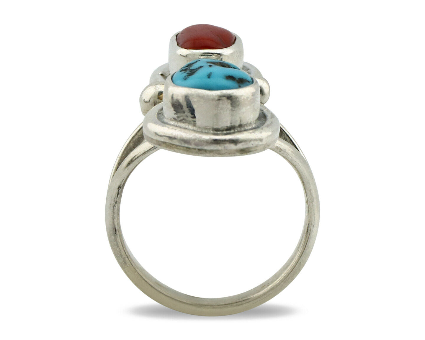 Navajo Ring .925 Silver Red Coral & Blue Turquoise Native Artist C.80's