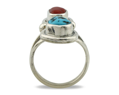 Navajo Ring .925 Silver Red Coral & Blue Turquoise Native Artist C.80's