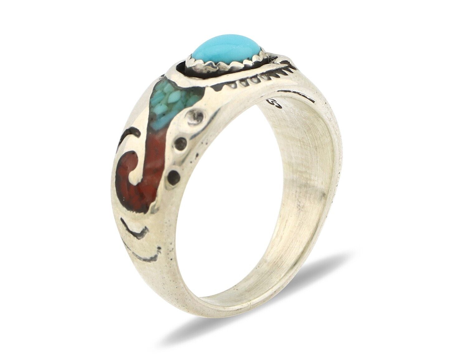 Navajo Handmade Ring 925 Silver Blue Turquoise & Coral Native American C.80's