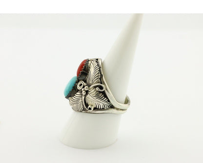 Navajo Ring 925 Silver Blue Turquiose & Mediterranean Coral Native Artist C.80's