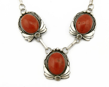 Women's Navajo Necklace .925 Silver Mediterranean Coral Pendant Signed J