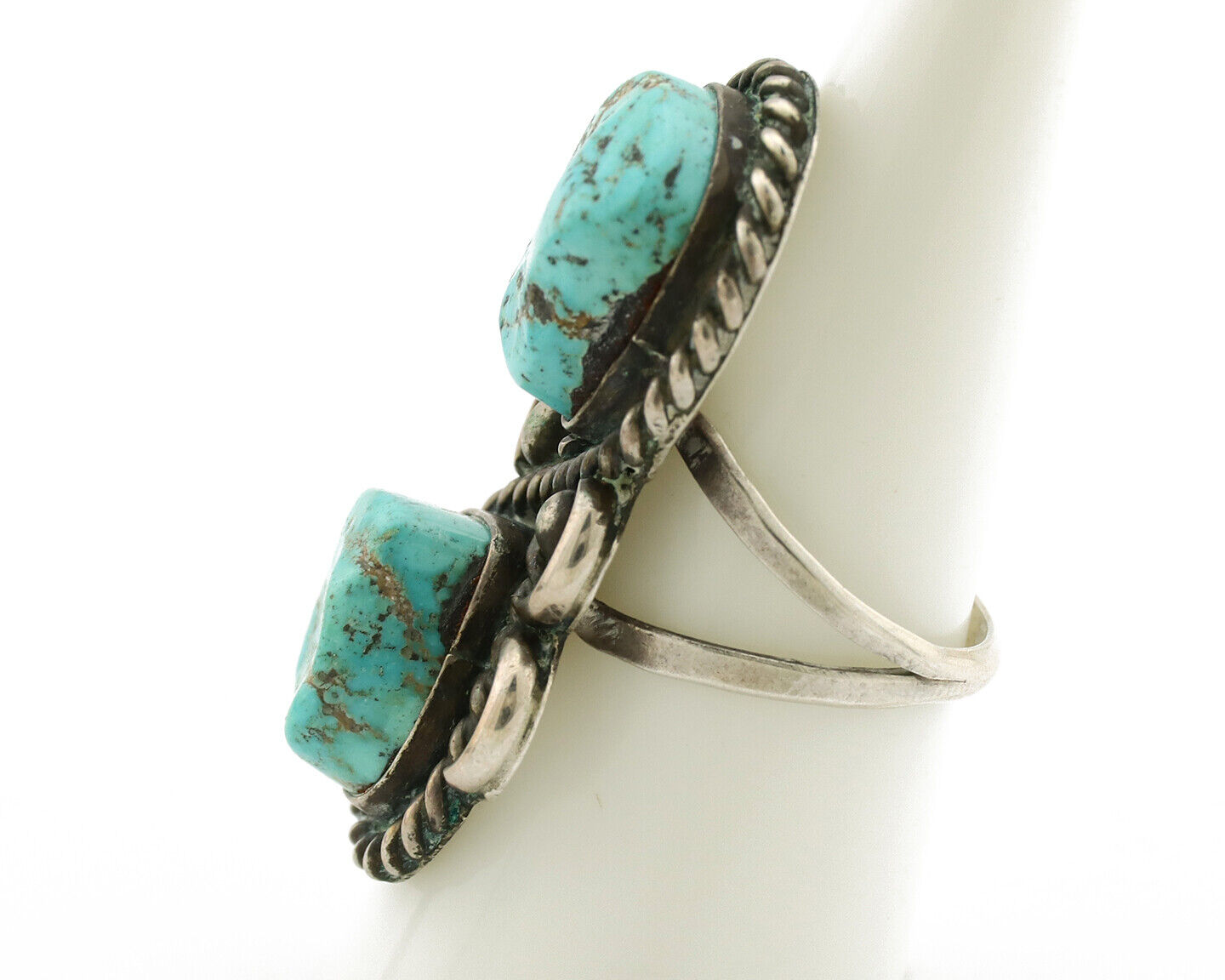 Navajo Ring .925 Silver Globe Turquoise Hand Stamped Native American Artist C80s