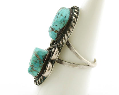 Navajo Ring .925 Silver Globe Turquoise Hand Stamped Native American Artist C80s