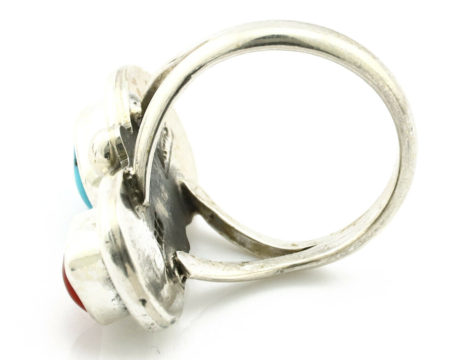 Navajo Ring .925 Silver Red Coral & Blue Turquoise Native Artist C.80's