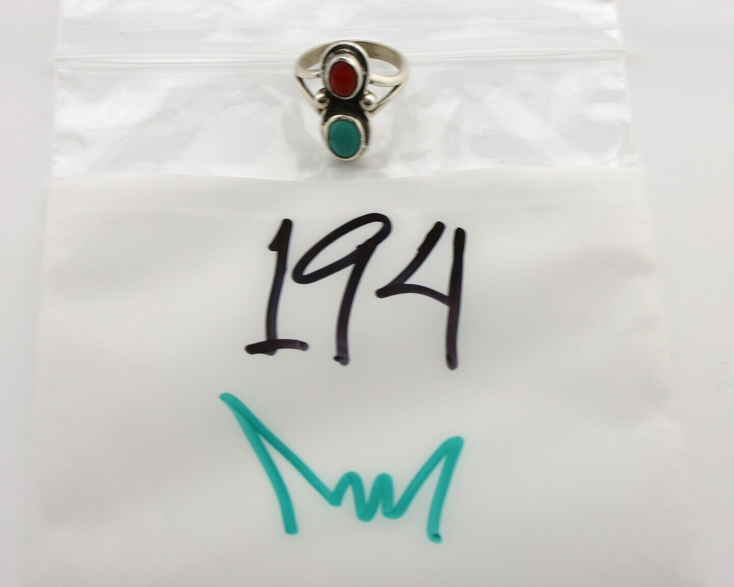 Navajo Handmade Ring 925 Silver Coral & Turquoise Native American Artist C.80's