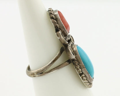 Navajo Ring 925 Silver Blue Turquiose & Mediterranean Coral Native Artist C.80's