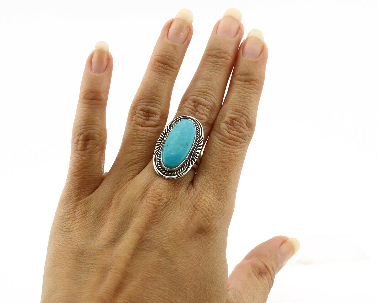 Navajo Ring .925 Silver Blue Gem Turquoise Native American Artist C.80's