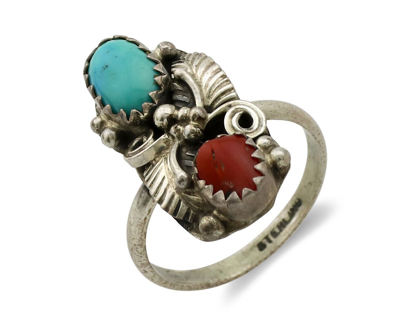 Navajo Ring 925 Silver Turquoise & Coral Artist Signed Native American C.80s