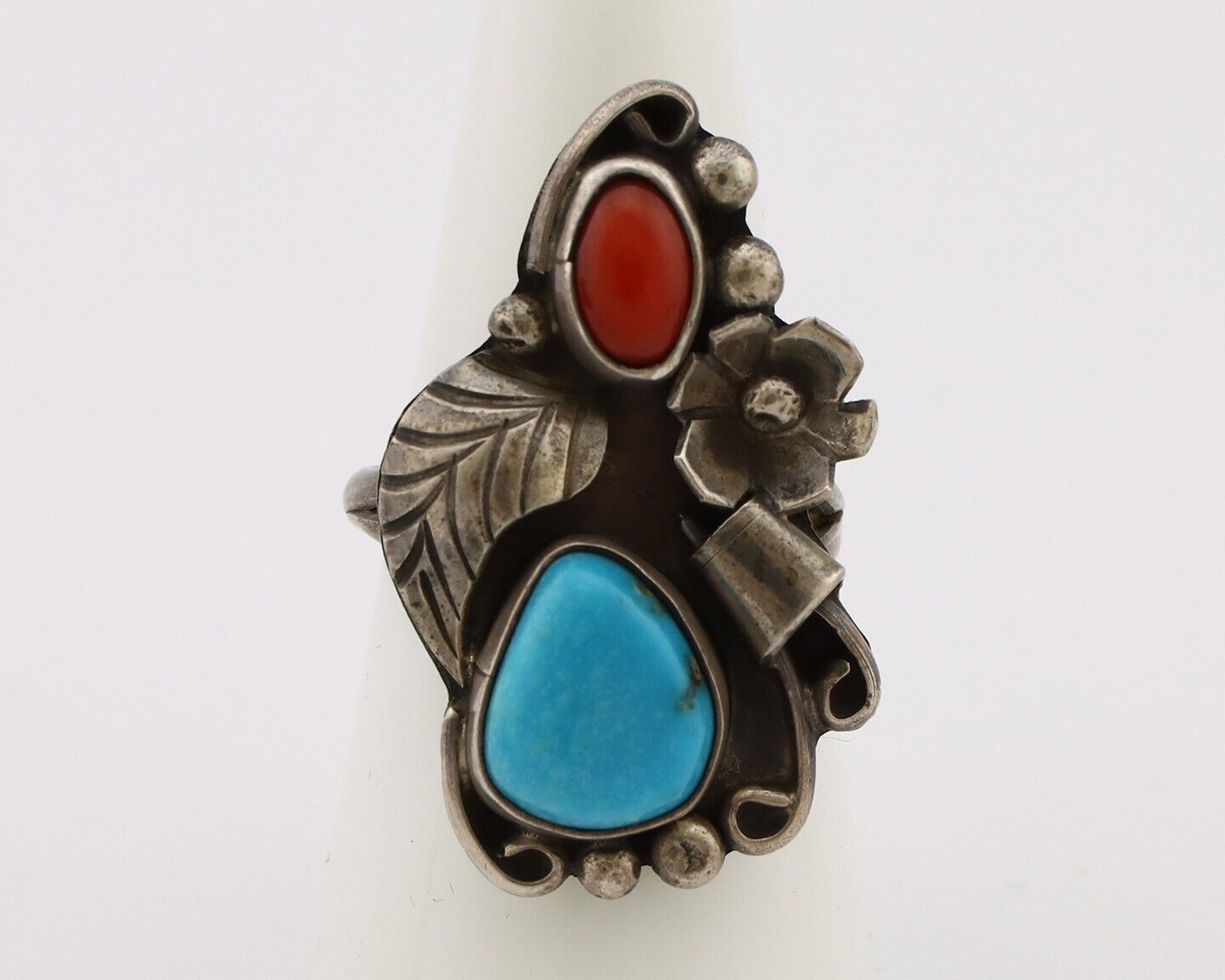 Navajo Handmade Ring 925 Silver Turquiose & Coral Artist Signed WJ C.80's