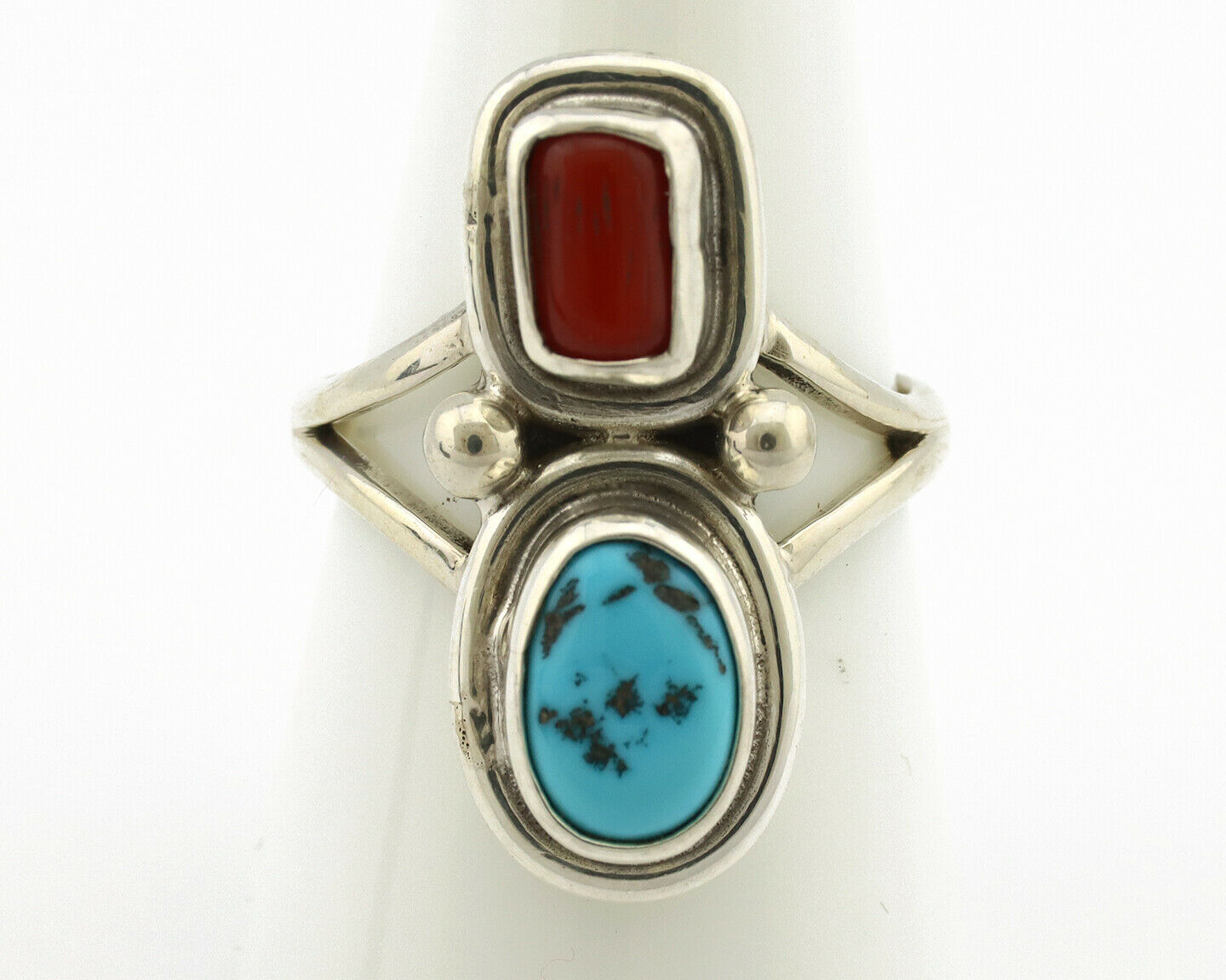 Navajo Ring .925 Silver Blue Turquoise & Red Coral Native American Artist C.80's