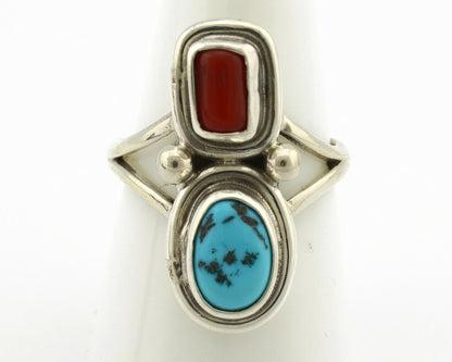 Navajo Ring .925 Silver Blue Turquoise & Red Coral Native American Artist C.80's