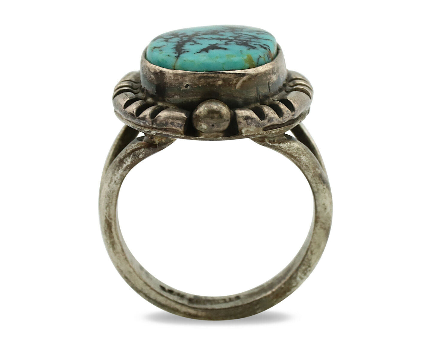 Navajo Ring .925 Silver Kingman Turquoise Artist Signed Gecko C.1980's