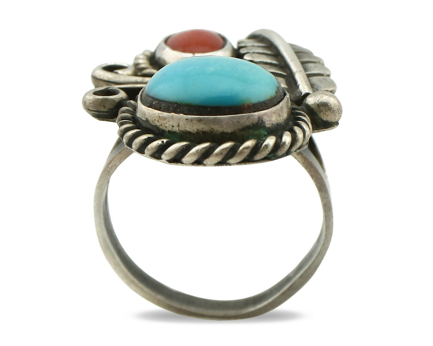 Navajo Ring .925 Silver Turquoise & Coral Native American Artist C.1975's