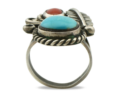 Navajo Ring .925 Silver Turquoise & Coral Native American Artist C.1975's
