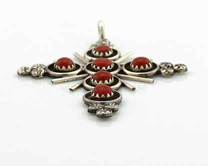 Zuni Handmade Cross Necklace 925 Silver Red Coral Artist Signed NOM? C.80's