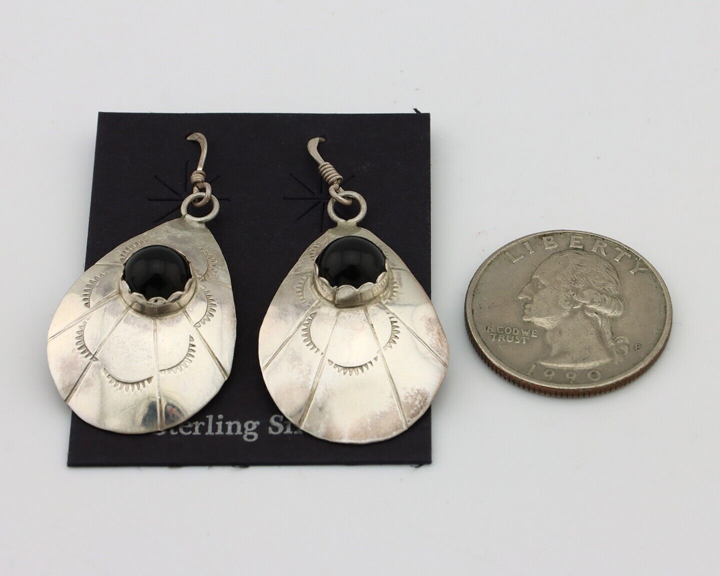 Navajo Earrings 925 Silver Natural Black Onyx Artist Signed T C.80's