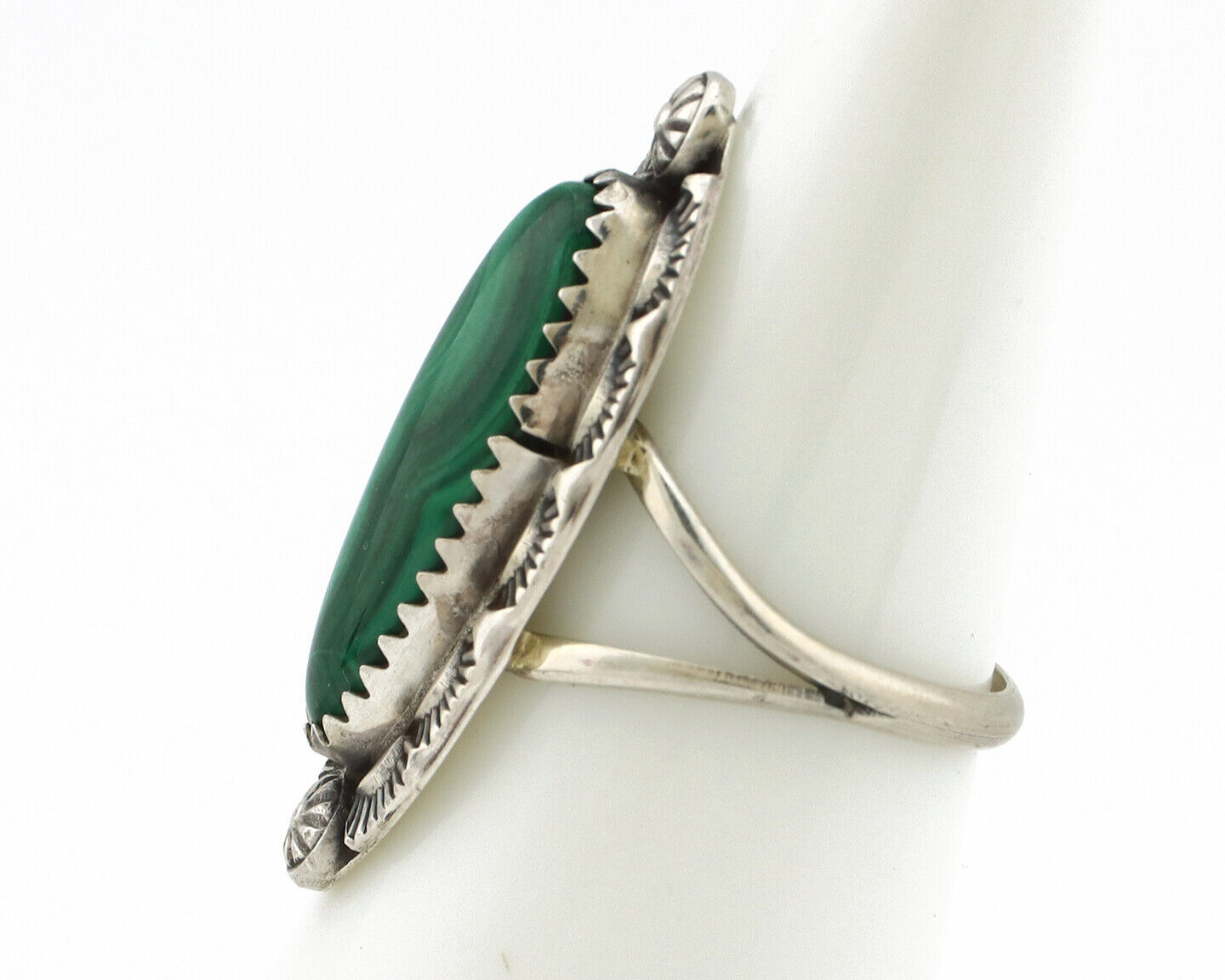 Navajo Ring 925 Silver Natural Malachite Artist Native American Signed H C.80's