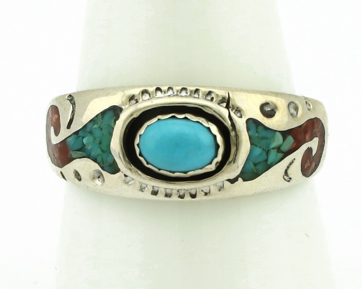 Navajo Handmade Ring 925 Silver Blue Turquoise & Coral Native American C.80's