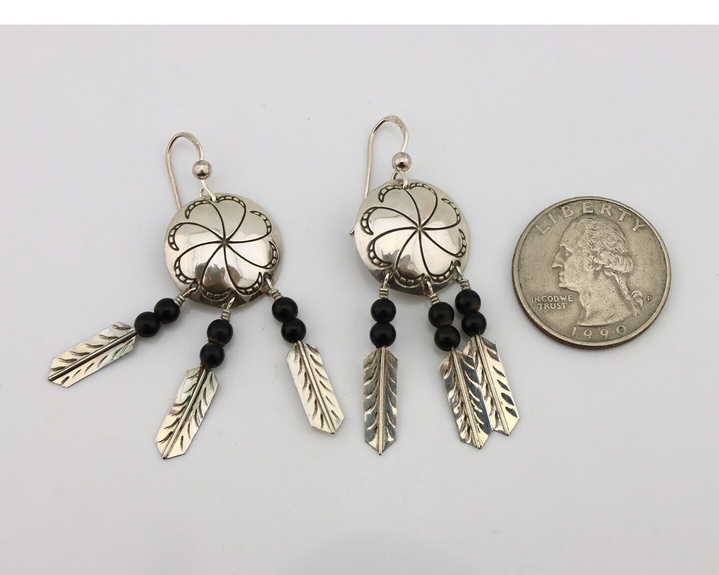 Navajo Earrings 925 Silver Natural Black Onyx Artist Signed T C.80's