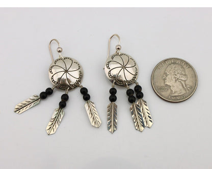 Navajo Earrings 925 Silver Natural Black Onyx Artist Signed T C.80's