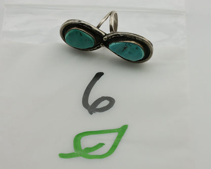 Navajo Ring .925 Silver Globe Turquoise Hand Stamped Native American Artist C80s