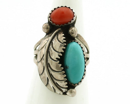 Navajo Ring .925 Silver Turquoise & Coral Native American Artist C.1980's