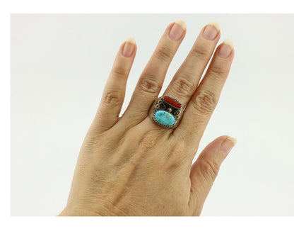 Navajo Ring 925 Silver Blue Turquiose & Mediterranean Coral Native Artist C.80's