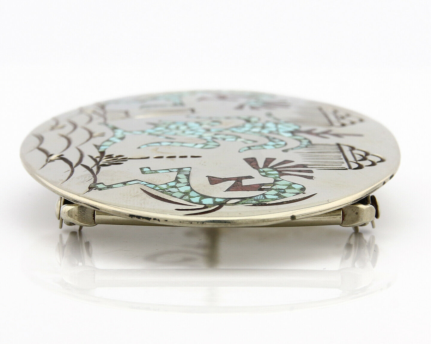 Navajo Belt Buckle .999 Nickle Silver Turquoise Coral Signed SD C.80's