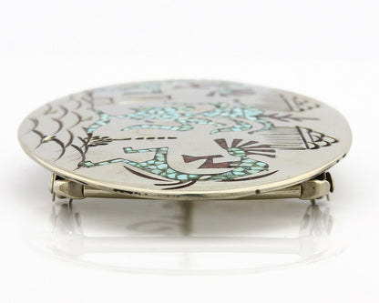 Navajo Belt Buckle .999 Nickle Silver Turquoise Coral Signed SD C.80's