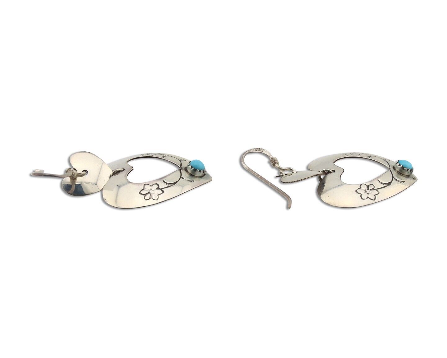Navajo Dangle Heart Earrings Handmade 925 Silver Blue Turquoise Native Artist