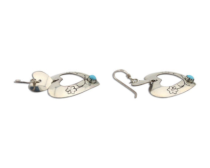 Navajo Dangle Heart Earrings Handmade 925 Silver Blue Turquoise Native Artist