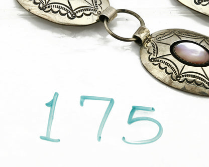 C.1985 Navajo Signed IHMJ Natural Pink Mussel Shadow Box .925 Silver Concho Belt