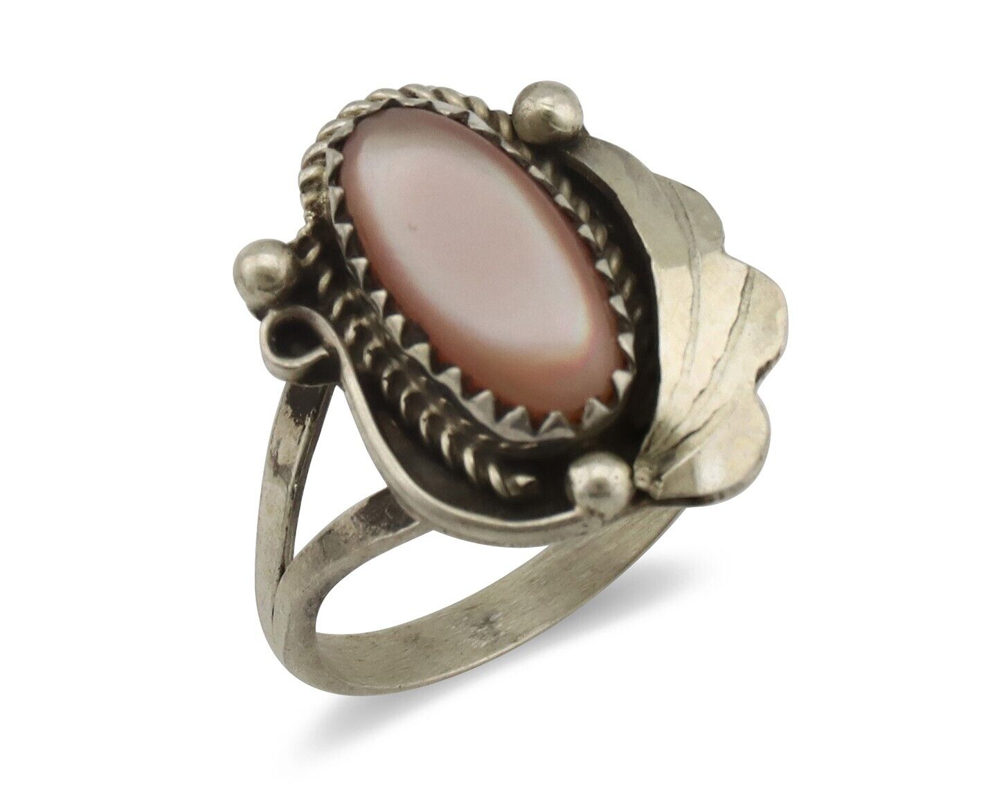 Navajo Ring .925 Silver Natural Pink Mussel Artist Signed Justin Morris C.80's