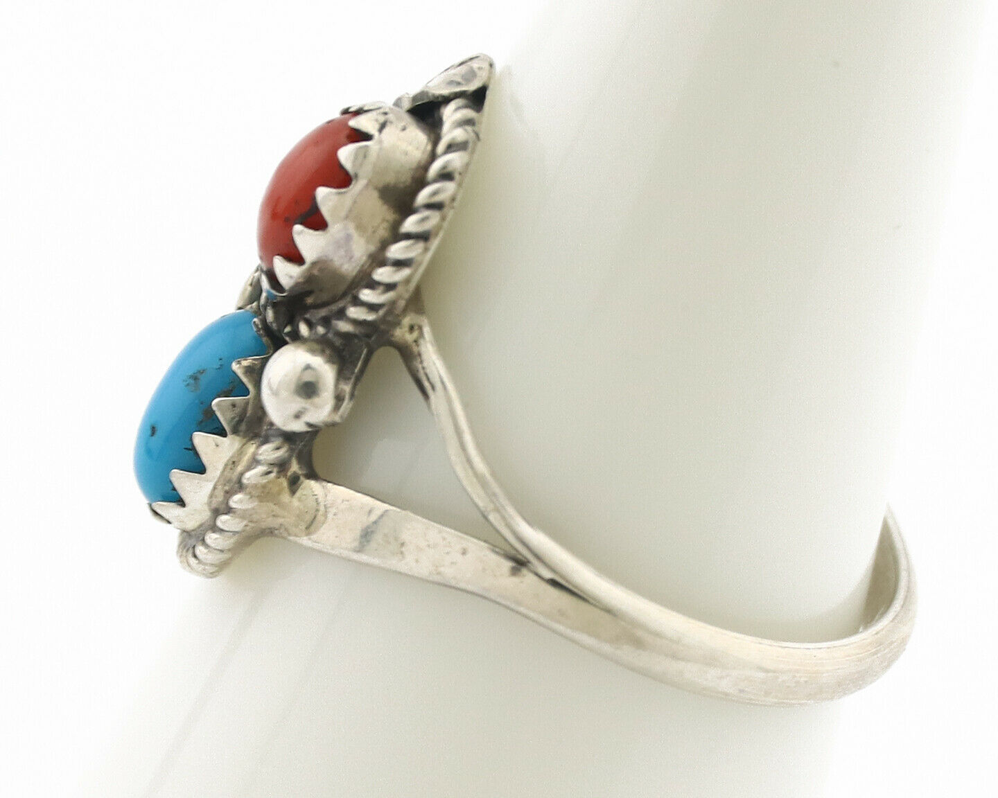 Navajo Ring .925 Silver Morenci Turquoise & Coral Native Artist Signed JM C.80's