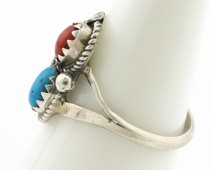 Navajo Ring .925 Silver Morenci Turquoise & Coral Native Artist Signed JM C.80's