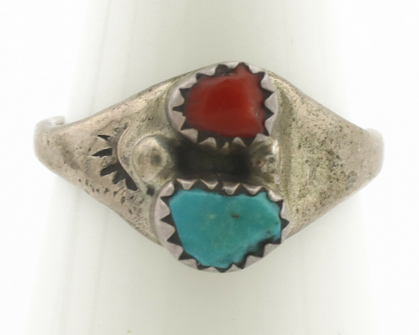 Zuni Ring .925 Silver Natural Turquoise & Coral Native American Artist C.1980's