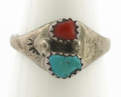 Zuni Ring .925 Silver Natural Turquoise & Coral Native American Artist C.1980's