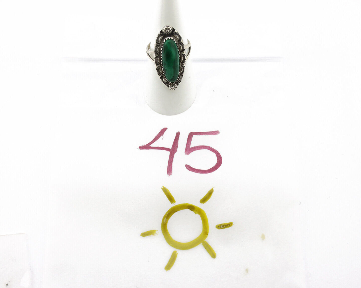 Navajo Ring 925 Silver Natural Malachite Artist Native American Signed H C.80's