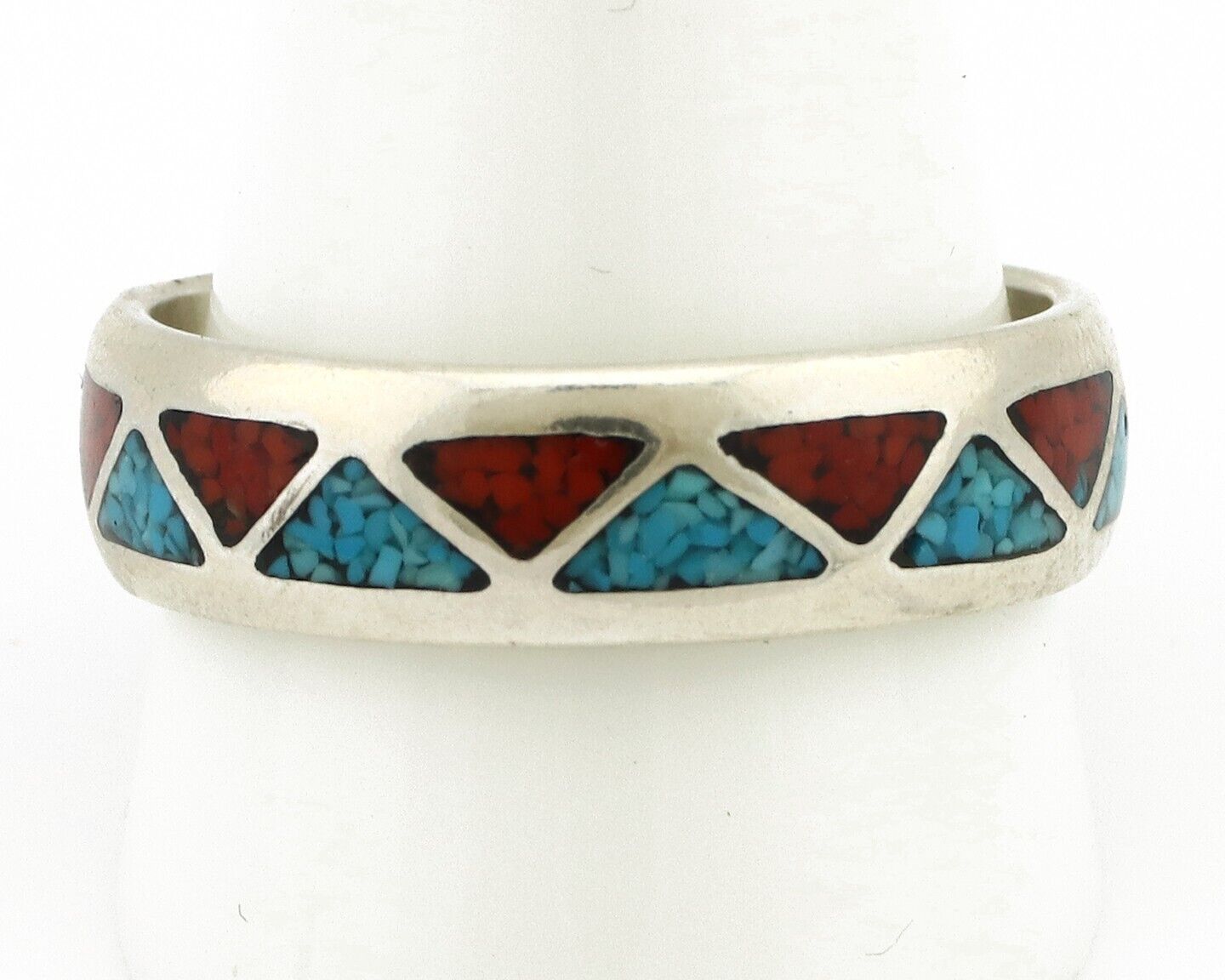 Navajo Chip Inlay Ring 925 Silver Sleeping Beauty Turquoise & Coral Silver Cloud