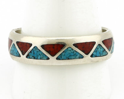 Navajo Chip Inlay Ring 925 Silver Sleeping Beauty Turquoise & Coral Silver Cloud